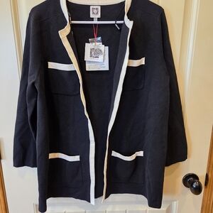 Anne KleinTipped Patch-Pocket Cardigan Women's Medium Black Open Front